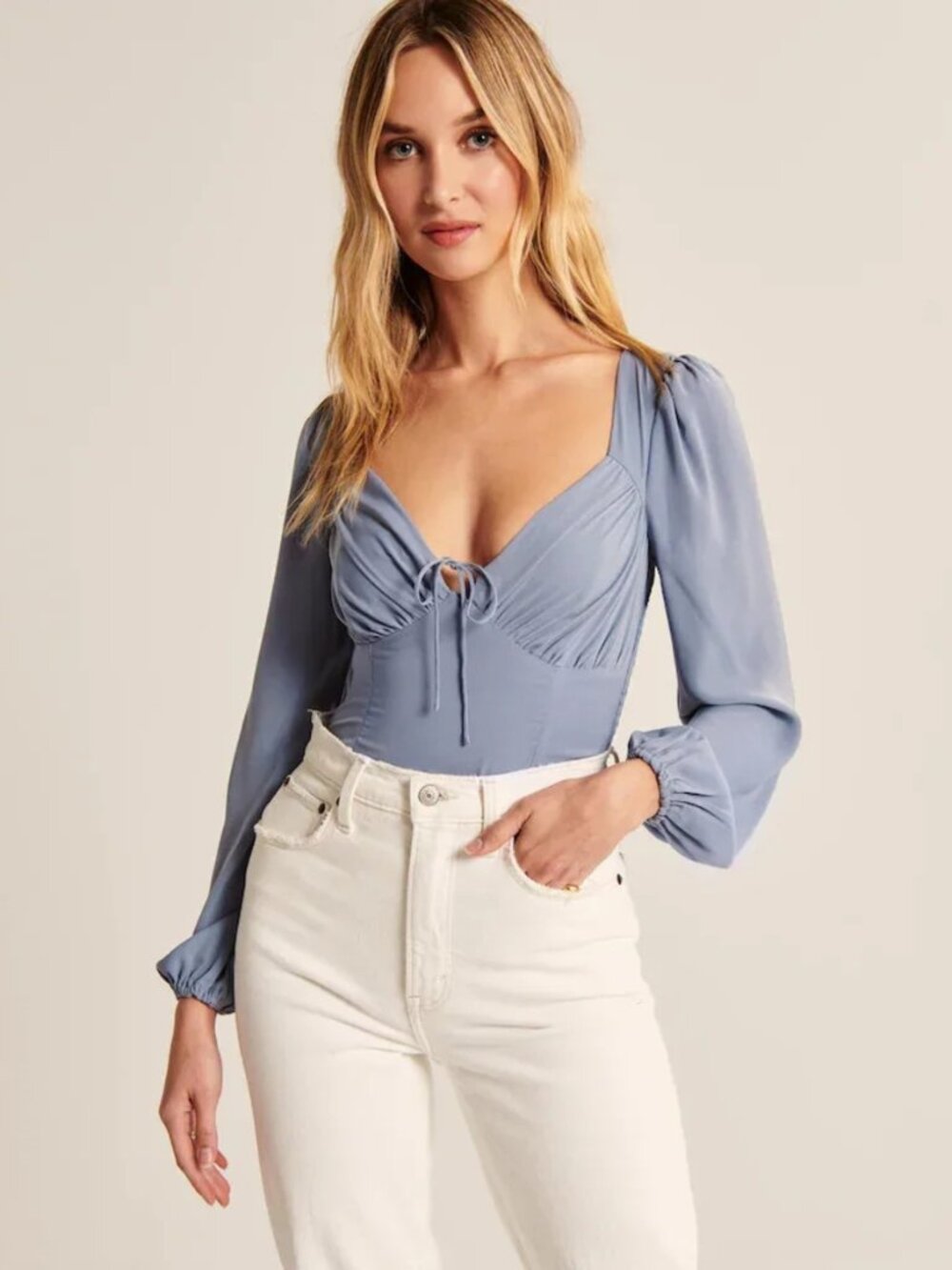 Abercrombie & Fitch Long-Sleeve Satin Ruched Tie-Front Top